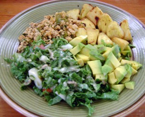 Sauteed breadfruit with scrambled tofu, salad and lots of avocado!