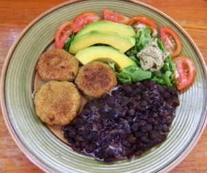 Dasheen Puffs, Black Beans with coconut cream, salad with pumpkin seed pate