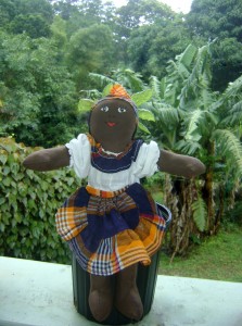 local-doll Handmade doll in traditional dress - a perfect alternative to plastic, mis-proportioned mass-manufactured dolls! Available from The Batik Shop, Old Street, Roseau