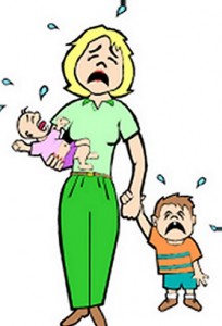 Mother and kids crying